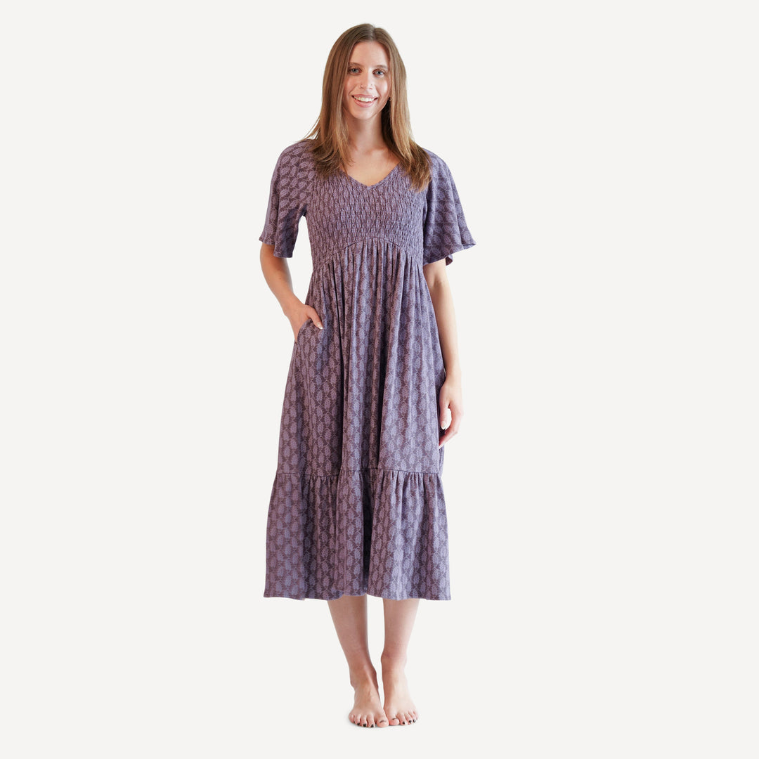 womens rosette dress | purple woodland paisley | organic cotton interlock