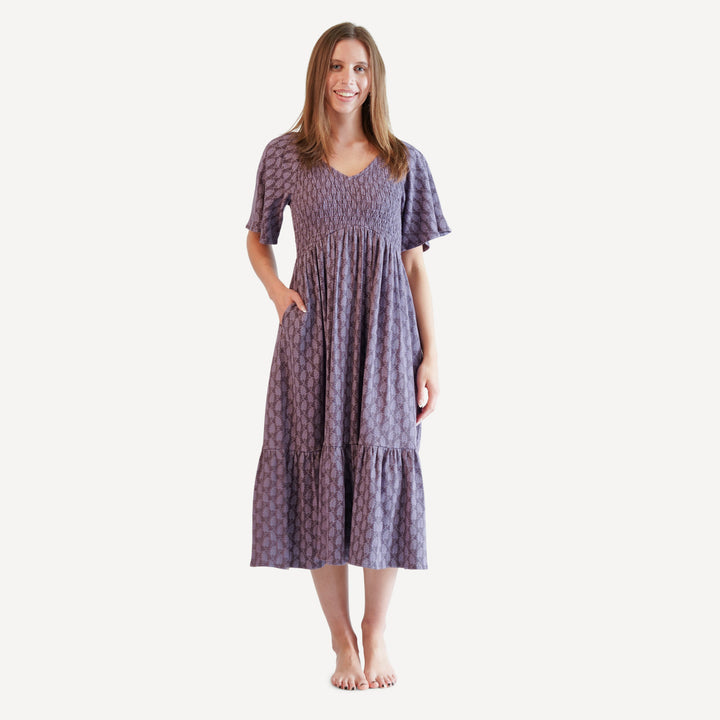womens rosette dress | purple woodland paisley | organic cotton interlock