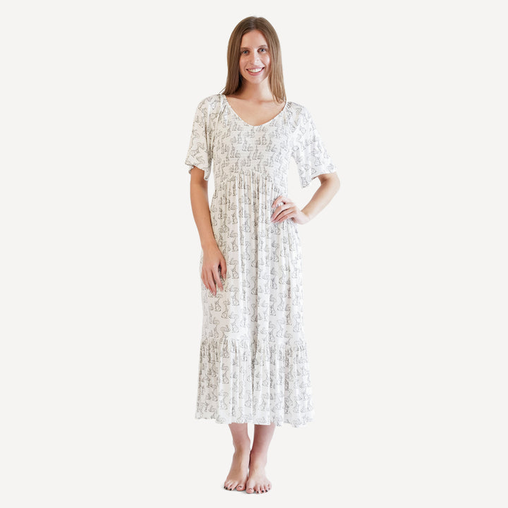 womens rosette dress | sketched bunnies | bamboo