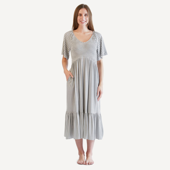 womens rosette dress | gray houndstooth | bamboo