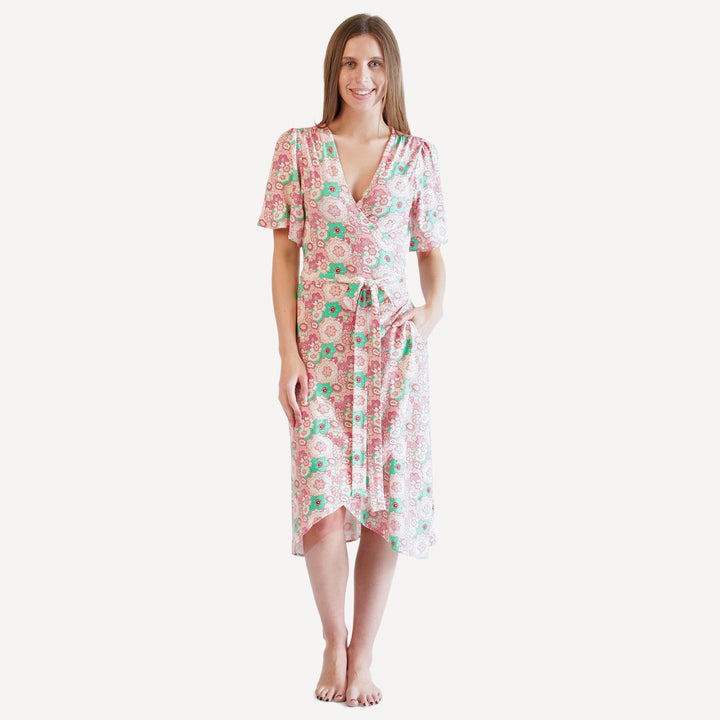 womens flutter sleeve wrap dress | mint pink mid-century floral | bamboo