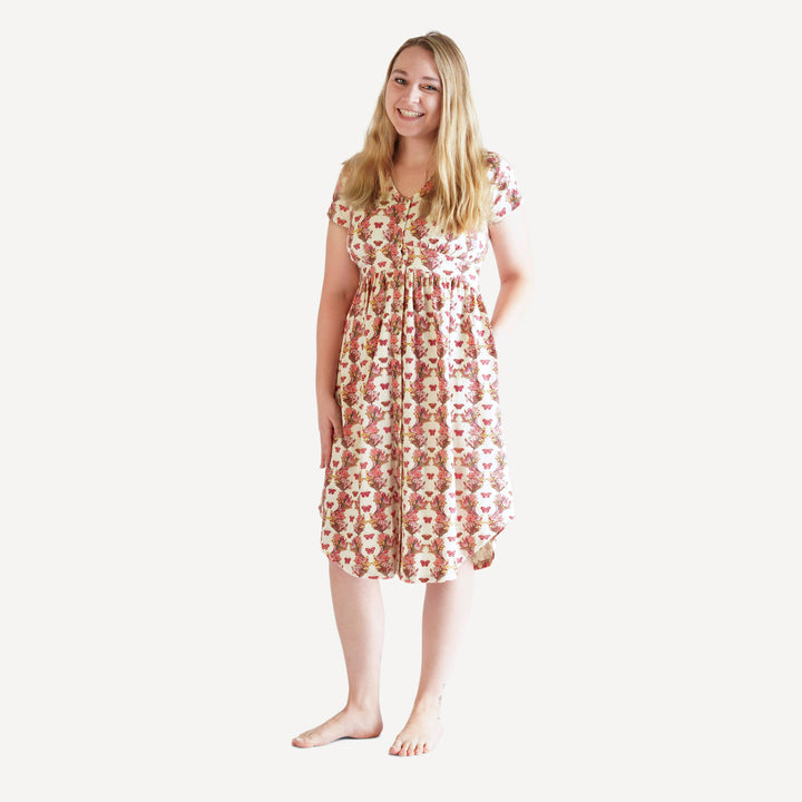 womens shirt tail button front dress | pink floral butterfly | organic cotton interlock