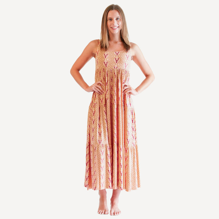 womens spaghetti tie prairie dress | peach lobster baroque | bamboo