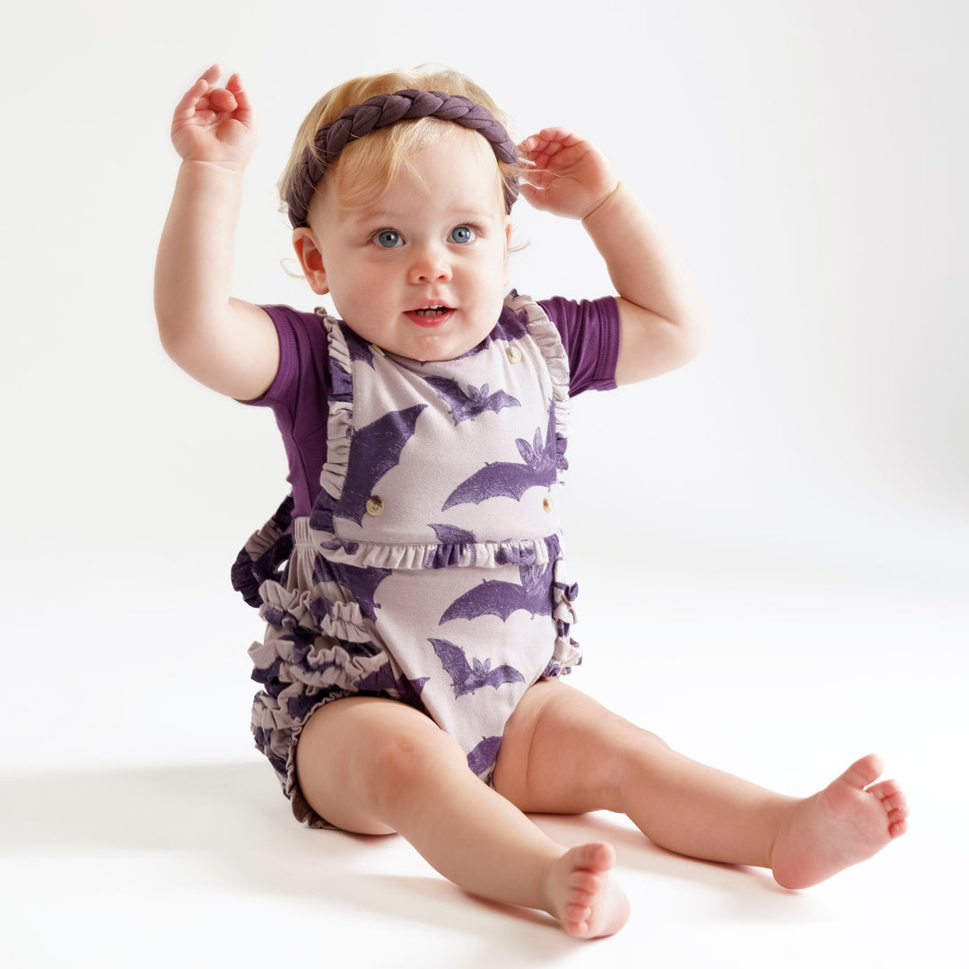 the ruffle gretel bubble | purple bat | organic cotton interlock