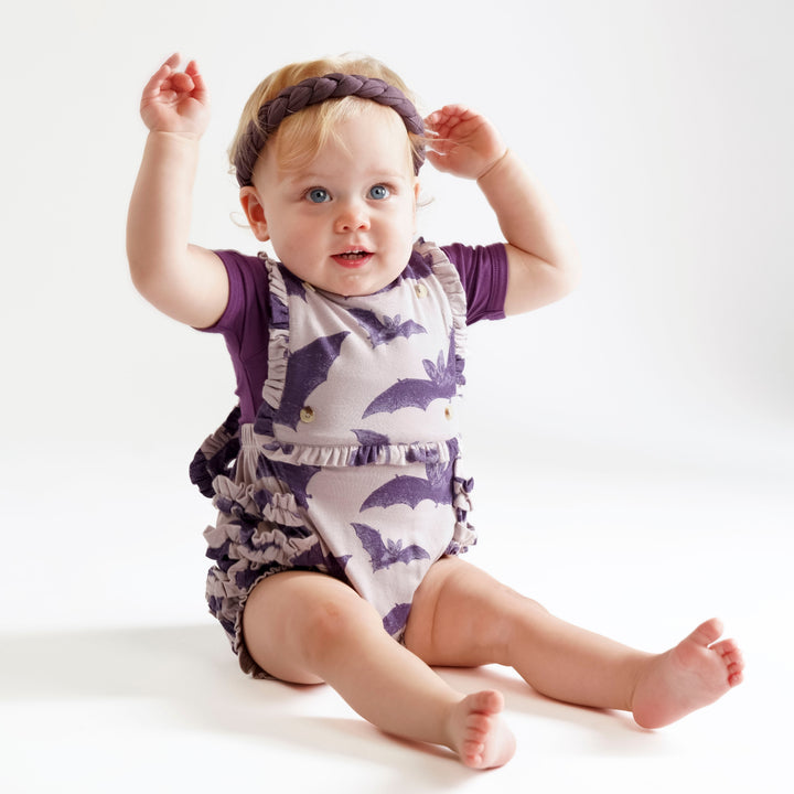 the ruffle gretel bubble | purple bat | organic cotton interlock