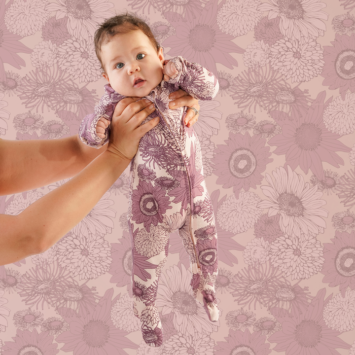long sleeve zipper footie | pink big sunflower | viscose from bamboo