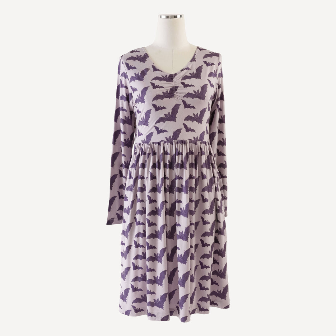 womens long sleeve twirl dress | purple bat | organic cotton interlock