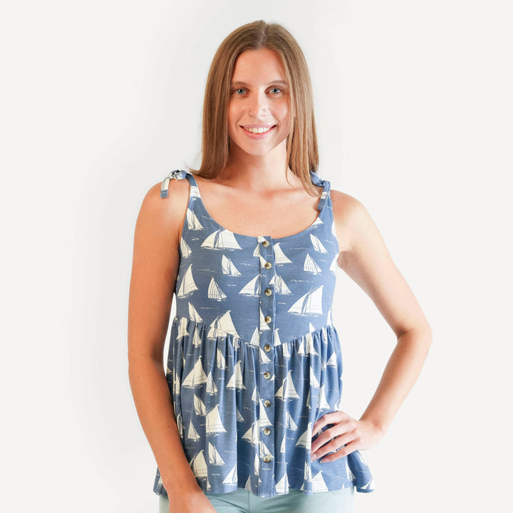 womens spaghetti tie button front v-waist top | mid-century sailing | bamboo