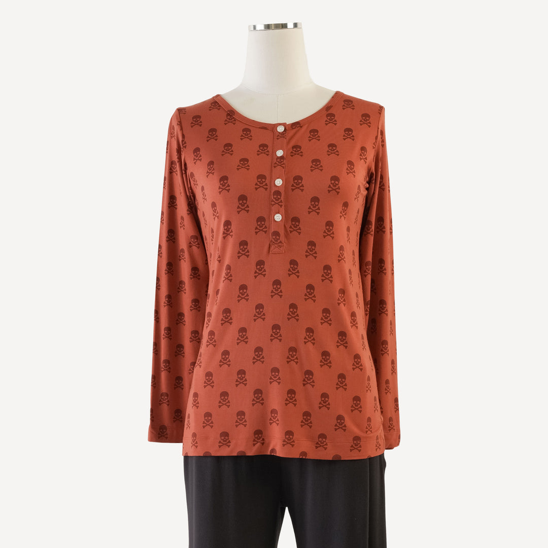 womens long sleeve fitted henley tee | red skulls | organic cotton interlock