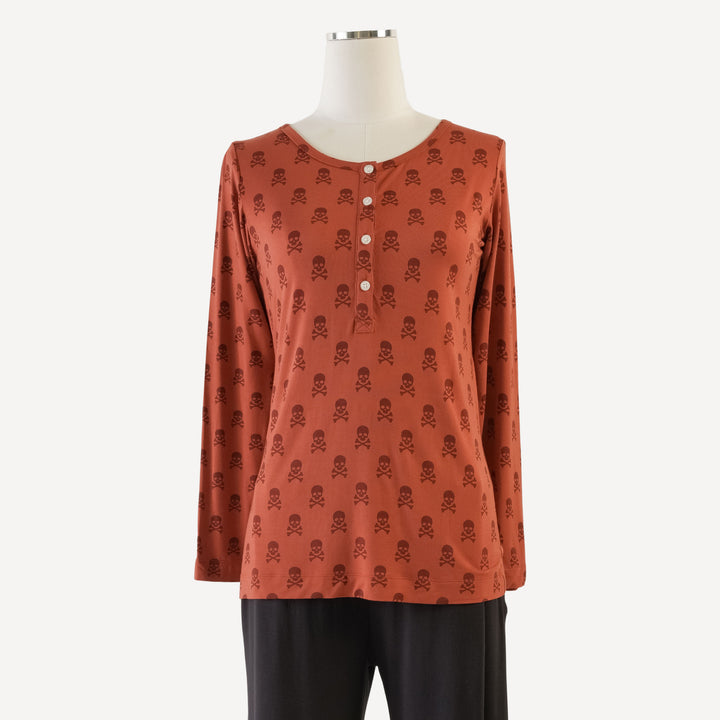 womens long sleeve fitted henley tee | red skulls | organic cotton interlock