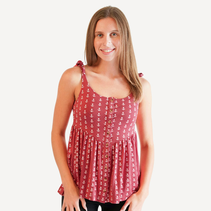 womens spaghetti tie button front v-waist top | red anchor | bamboo