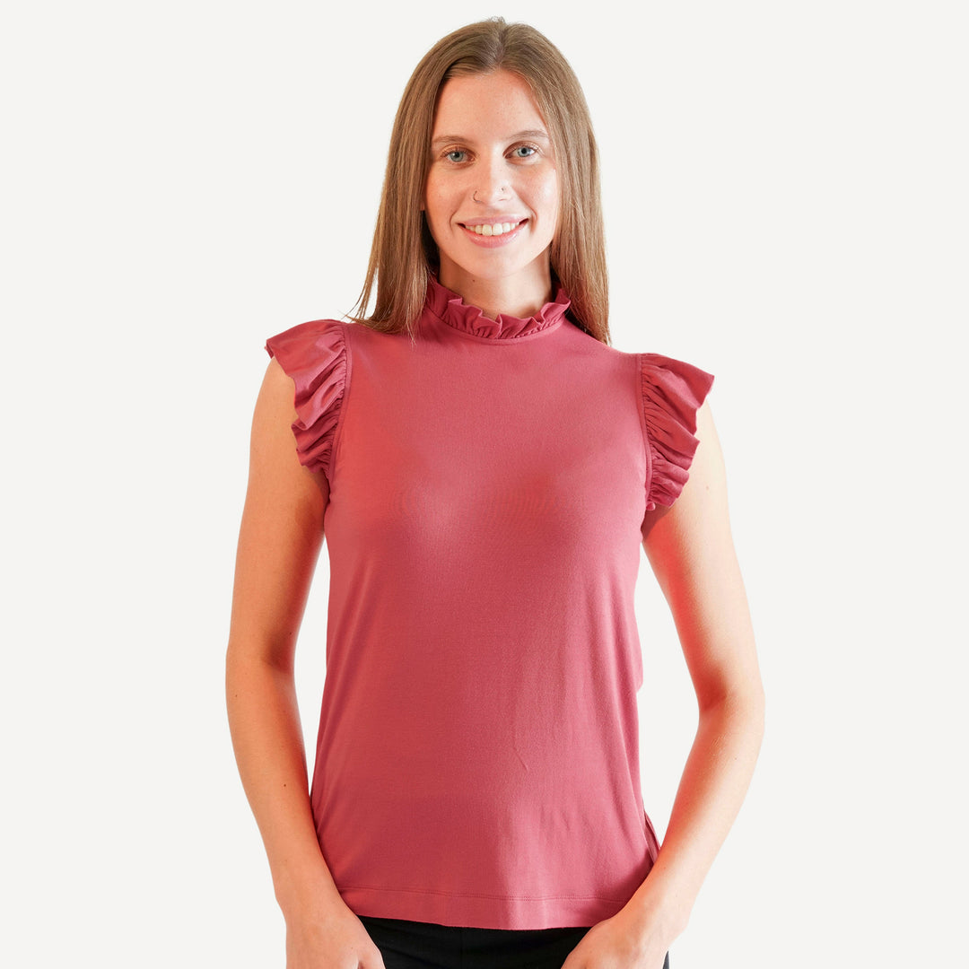 womens sleeveless little ruffle tee | nautical red | bamboo