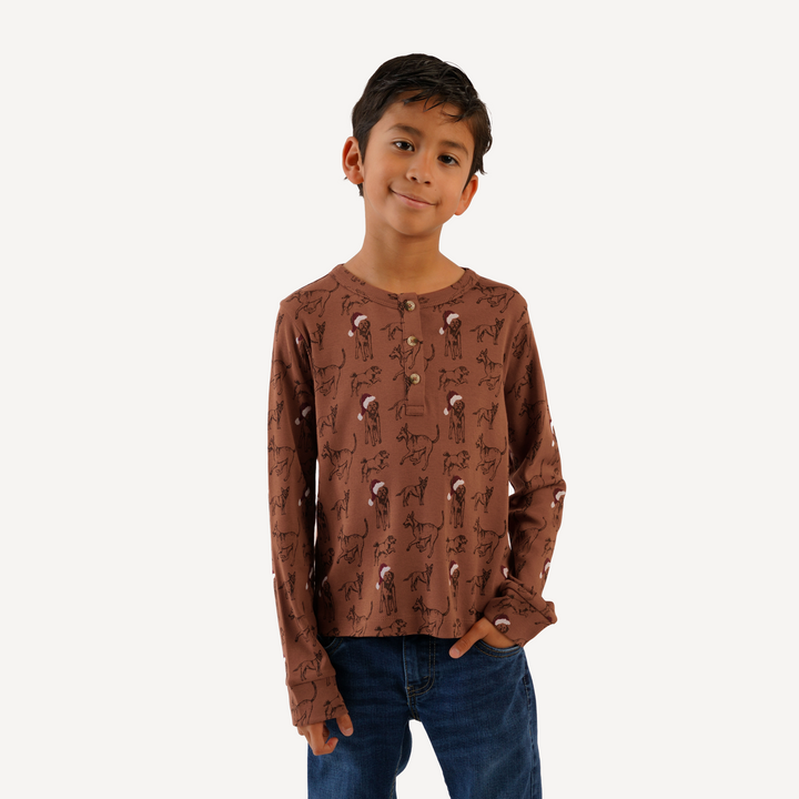 tween long sleeve henley tee | santa mutts | organic cotton flat rib