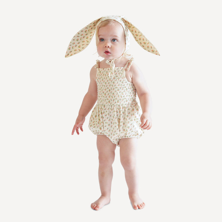 smocked tie bubble | french rose bud | organic cotton interlock