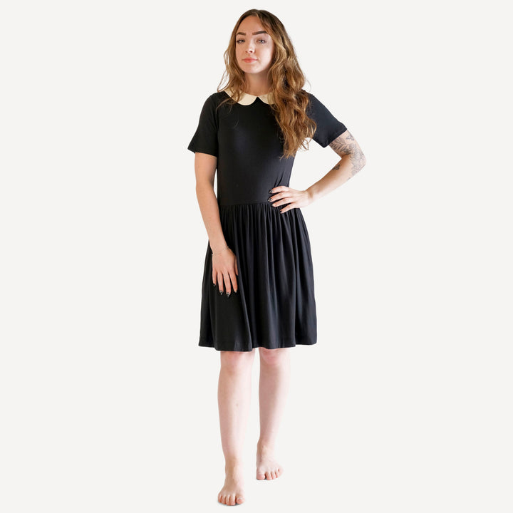 womens short sleeve peter pan dress | black | organic cotton wide rib