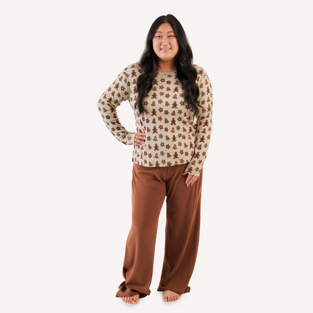 womens crew neck pj set | gingerbread cookies | organic cotton flat rib
