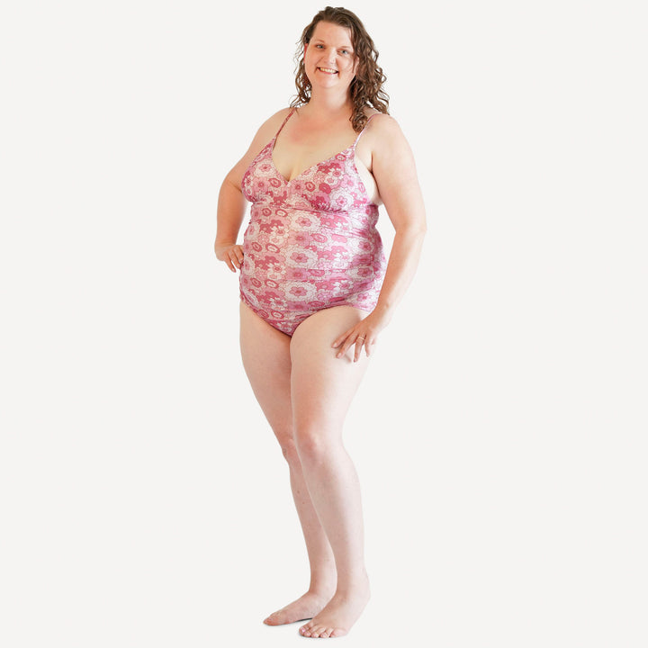 womens ruched one-piece swimsuit | pink mid-century floral | swim