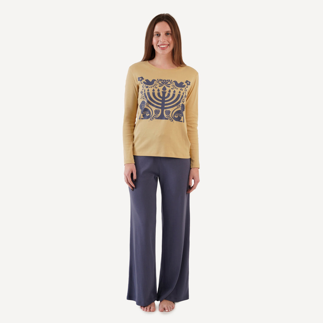womens crew neck pj set | menorah | organic cotton flat rib