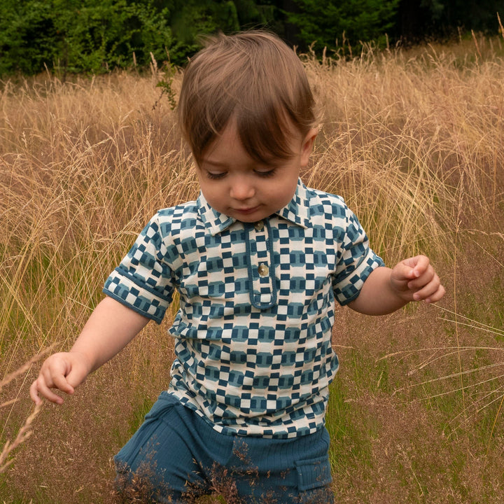 short sleeve piped polo tee | blue graphic | organic cotton jersey