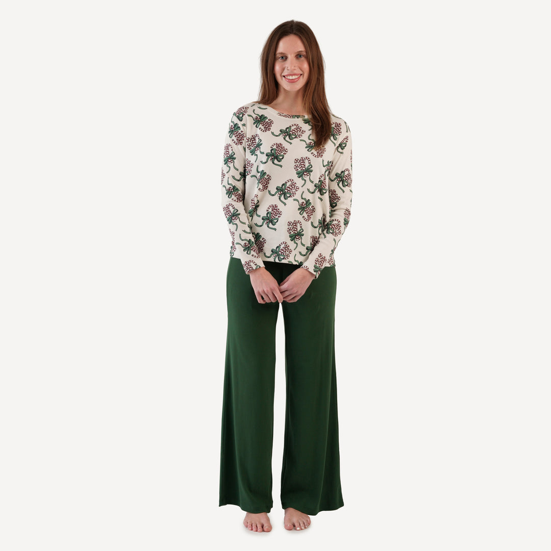 womens crew neck pj set | candy canes | organic cotton flat rib