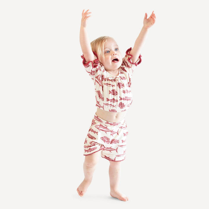 pom pom short sleeve crop top and short set | fish | bamboo
