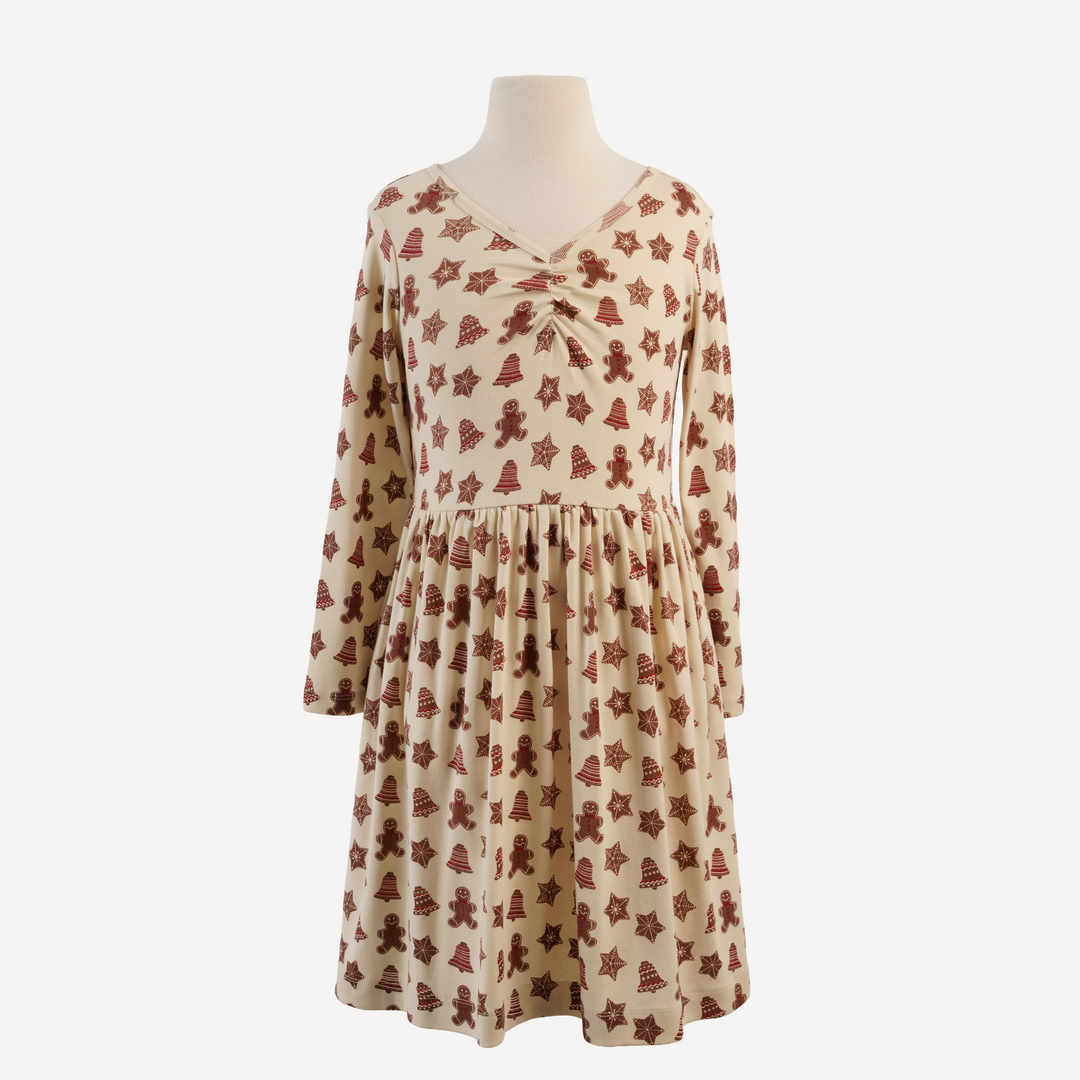 tween long sleeve twirl dress | gingerbread cookies | organic cotton flat rib