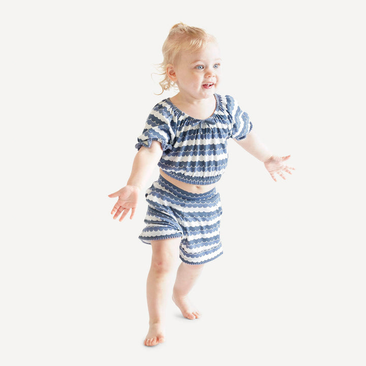 pom pom short sleeve crop top and short set | sea water | bamboo