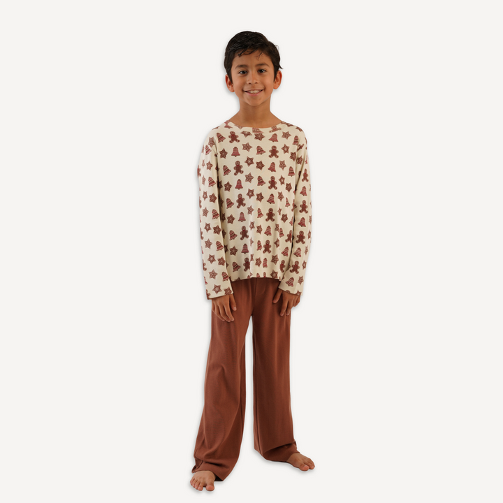 tween crew neck pj set | gingerbread cookies | organic cotton flat rib