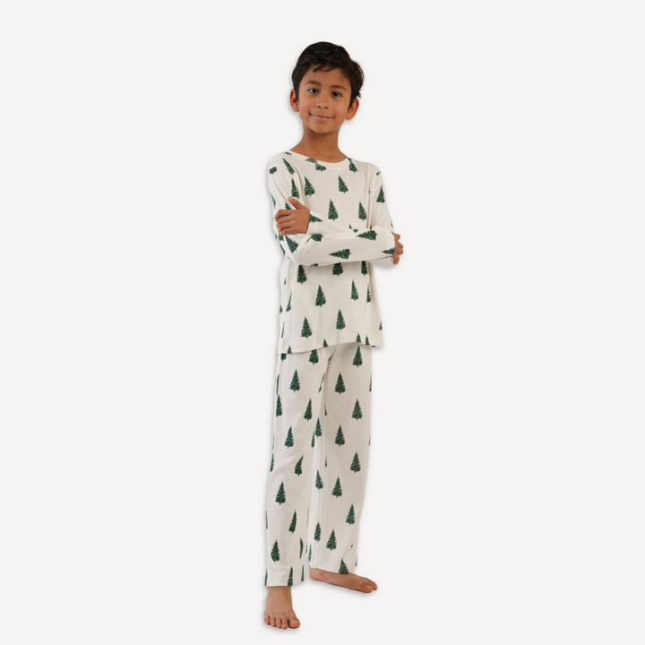 tween crew neck pj set | mountain pine | organic cotton flat rib