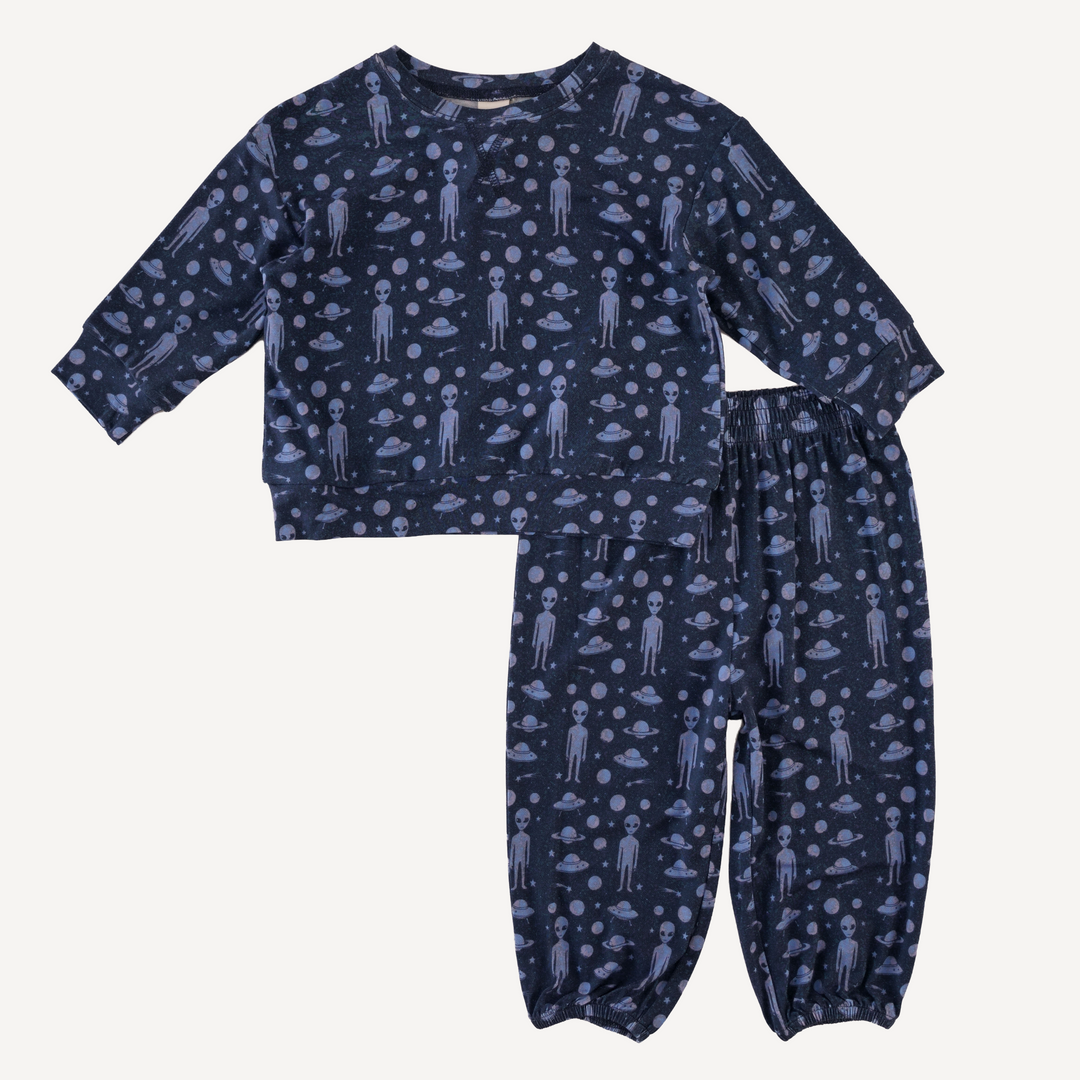 long sleeve relaxed jogger set | blue aliens | light weight bamboo