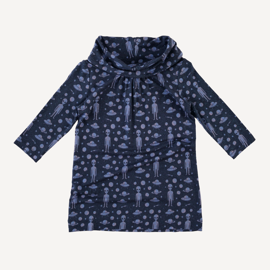 long sleeve cowl neck dress | blue aliens | light weight bamboo