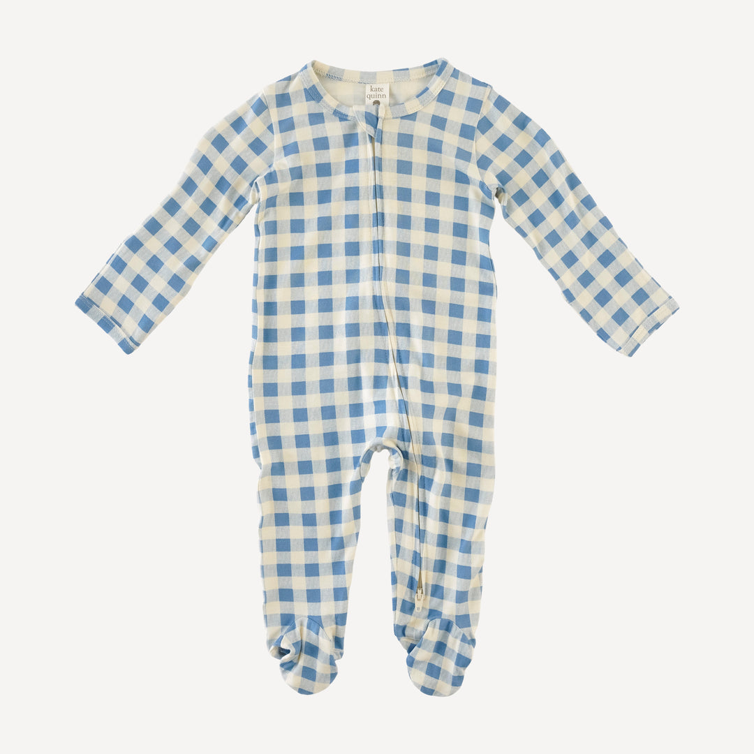 long sleeve two way zipper footie | blue gingham | bamboo