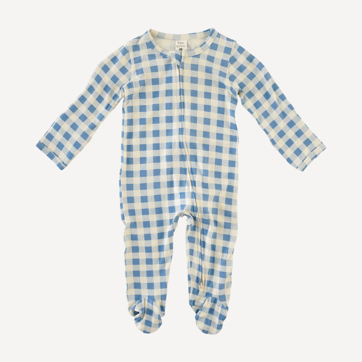 long sleeve two way zipper footie | blue gingham | bamboo