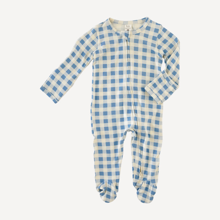 long sleeve two way zipper footie | blue gingham | bamboo