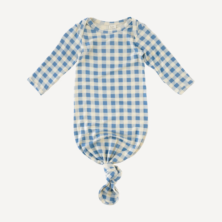 long sleeve lap neck knotted gown | blue gingham | bamboo