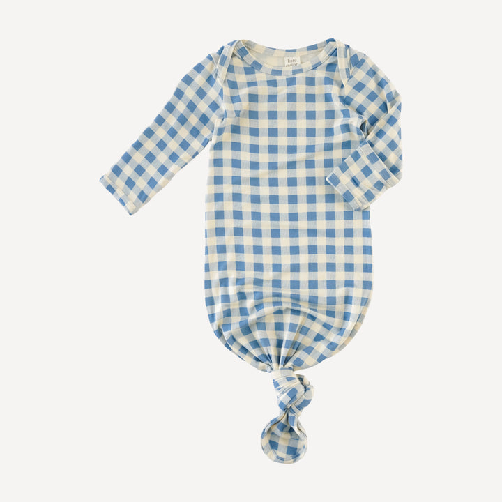 long sleeve lap neck knotted gown | blue gingham | bamboo