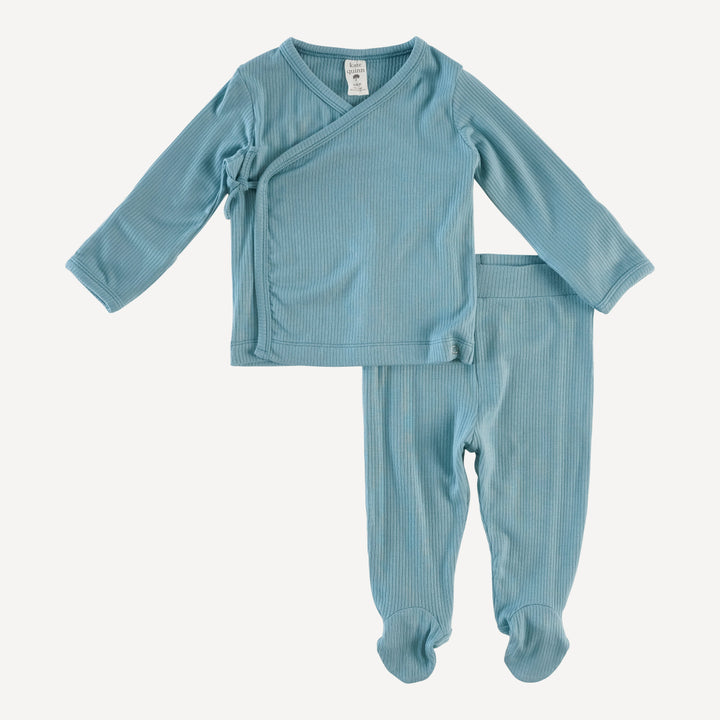 long sleeve wrap top and footed pant set | blue smoke | modal skinny rib