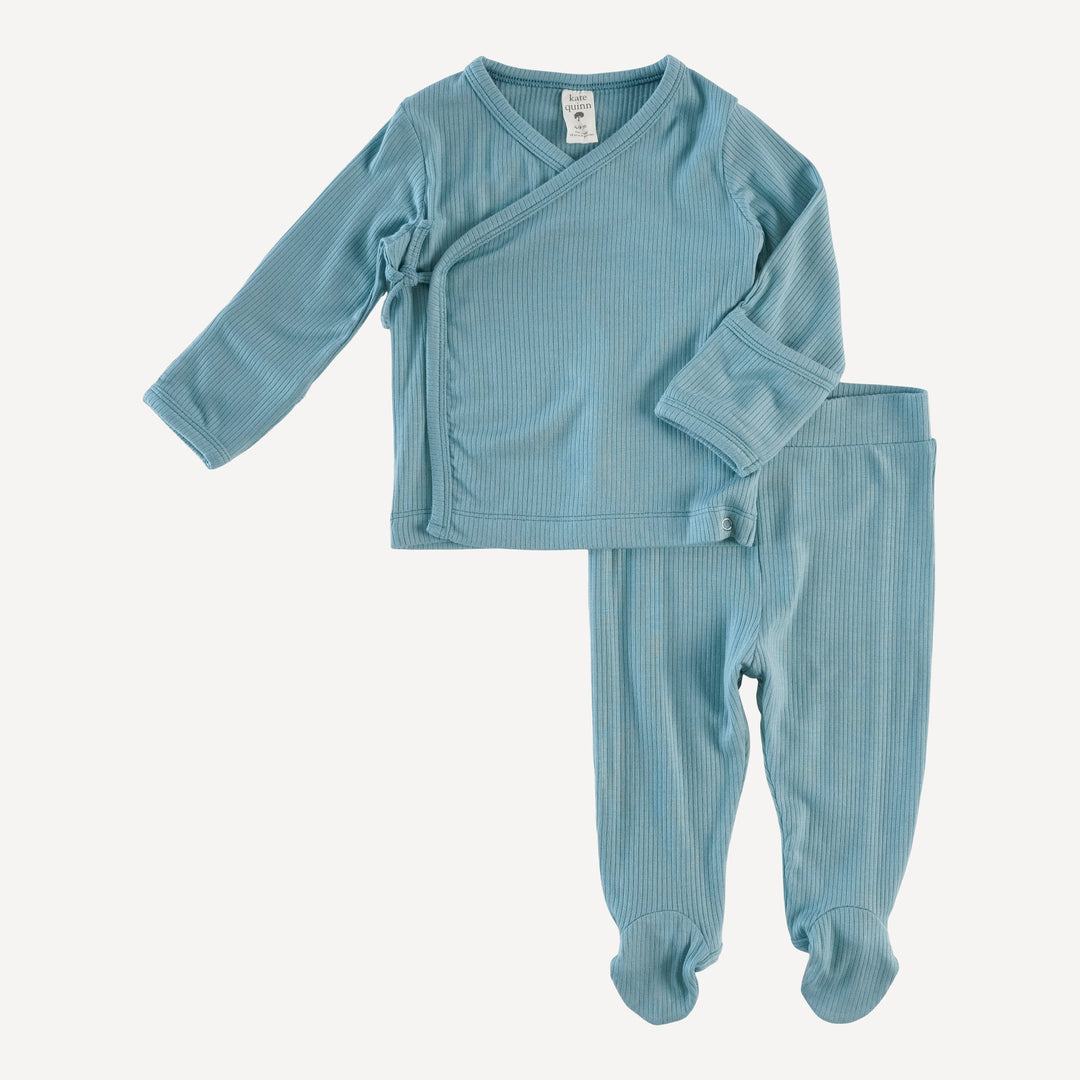 long sleeve wrap top and footed pant set | blue smoke | modal skinny rib