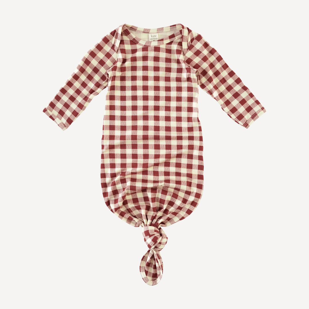long sleeve lap neck knotted gown | berry gingham | bamboo