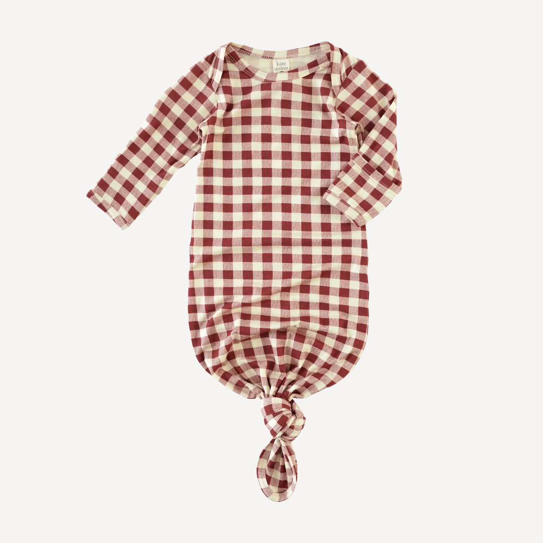 long sleeve lap neck knotted gown | berry gingham | bamboo