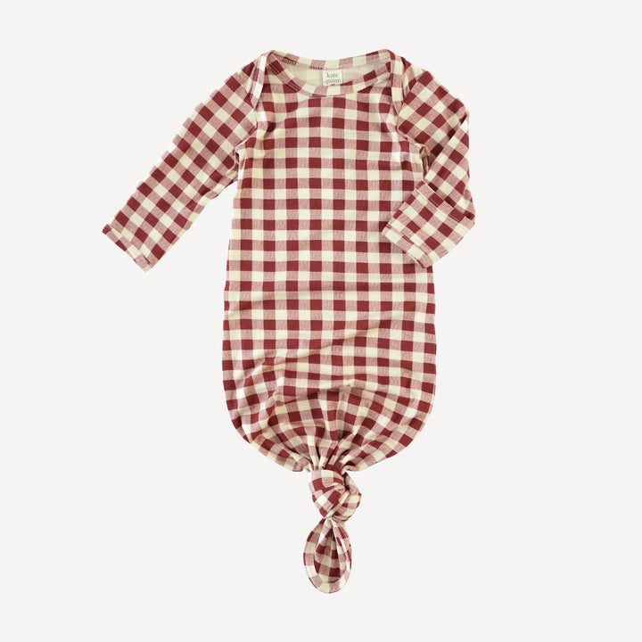 long sleeve lap neck knotted gown | berry gingham | bamboo