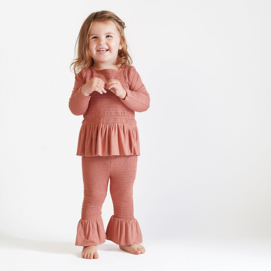 long sleeve smocked ruffle top and pant set | cedar | modal