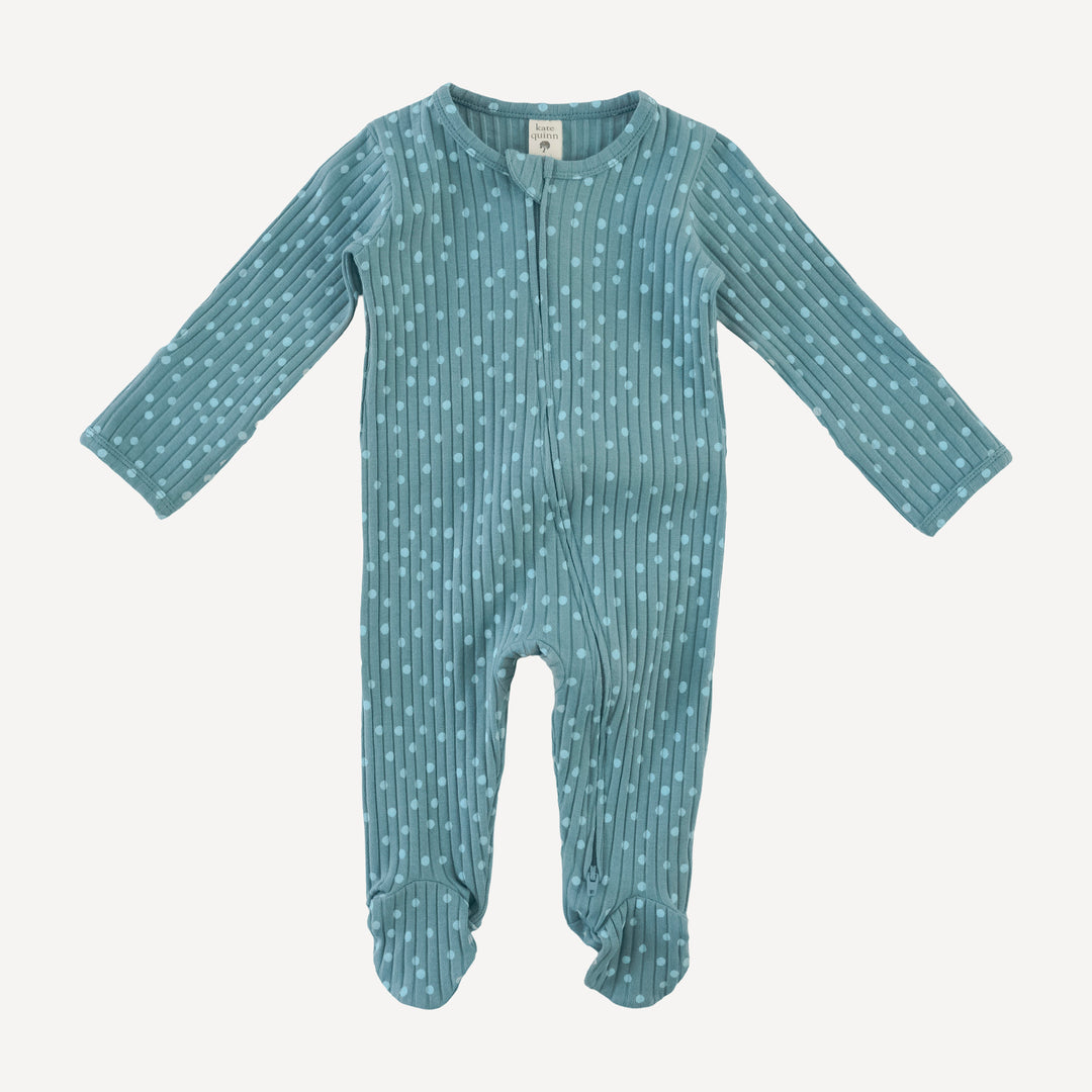 long sleeve two way zipper footie | blue dot | organic cotton wide rib
