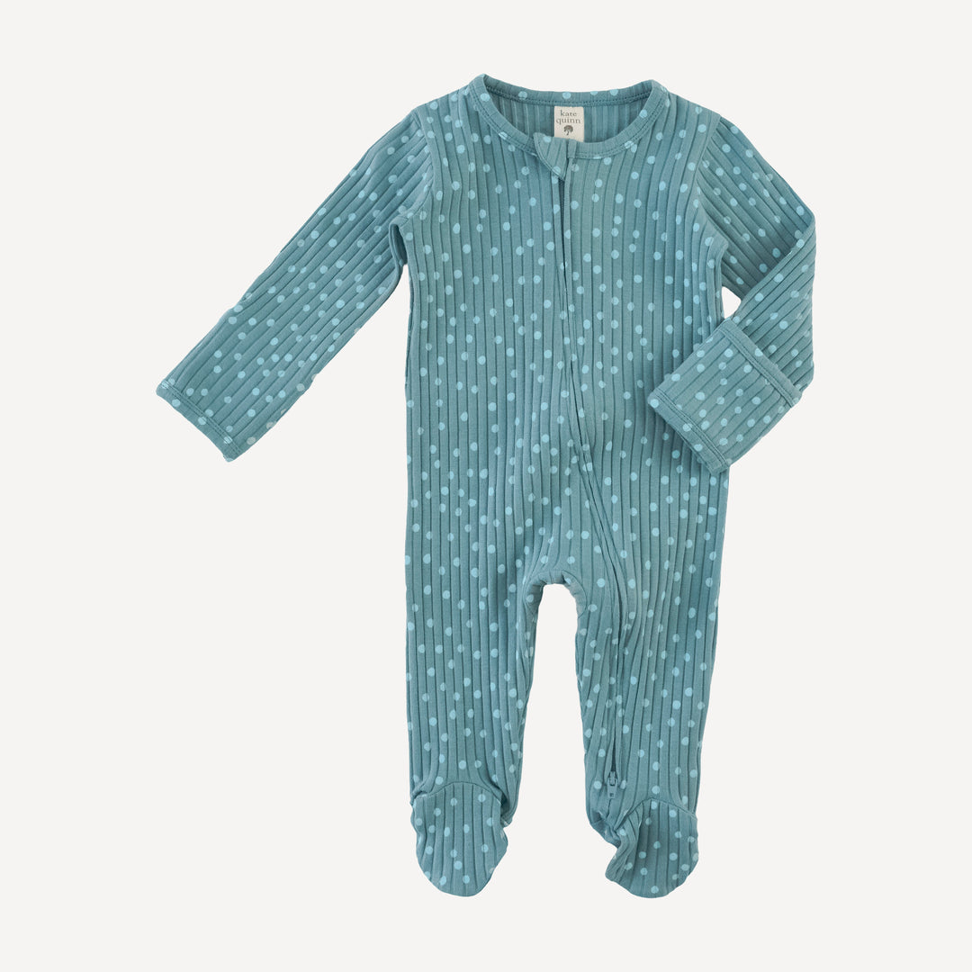 long sleeve two way zipper footie | blue dot | organic cotton wide rib