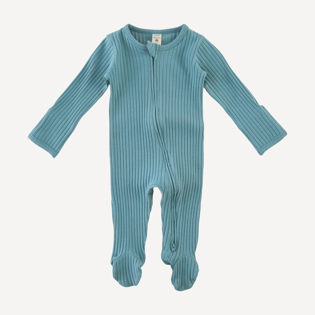 long sleeve two way zipper footie | blue smoke | organic cotton wide rib