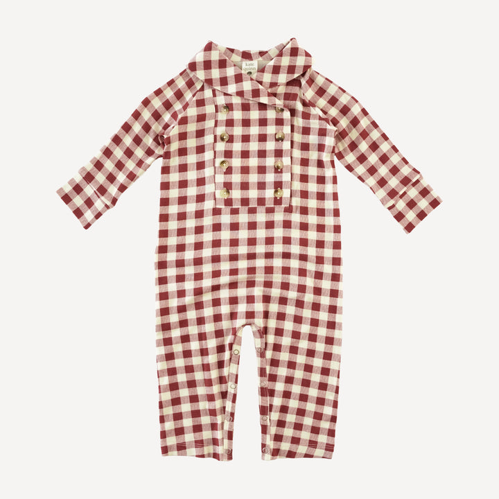 long sleeve double breasted shawl collar jumpsuit | berry gingham | bamboo