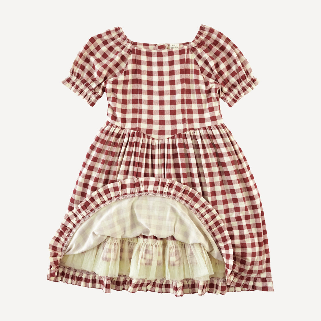 short sleeve puff sleeve v waist princess dress | berry gingham | bamboo