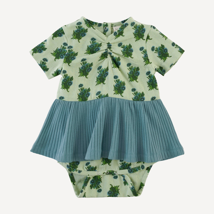 short sleeve ruched skirted bodysuit | blue tiny calendula | organic cotton gauze