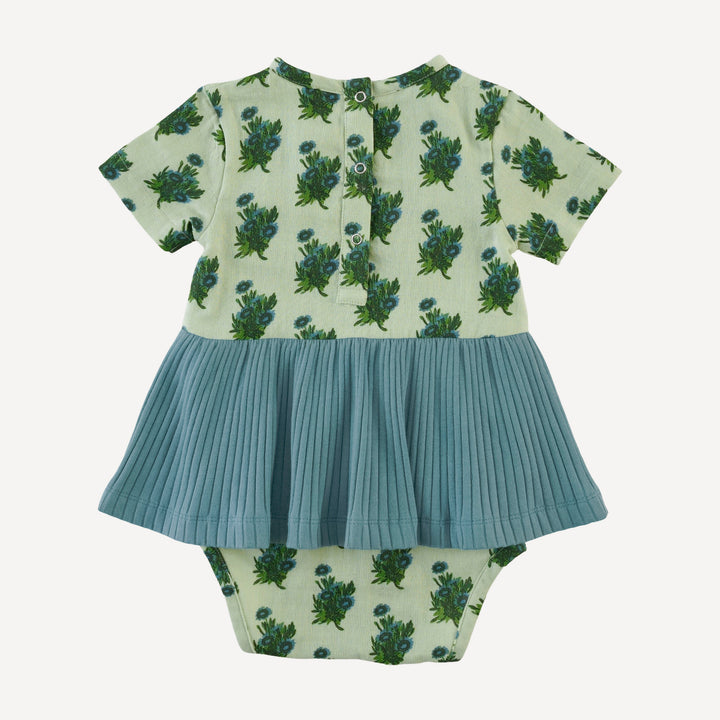 short sleeve ruched skirted bodysuit | blue tiny calendula | organic cotton gauze