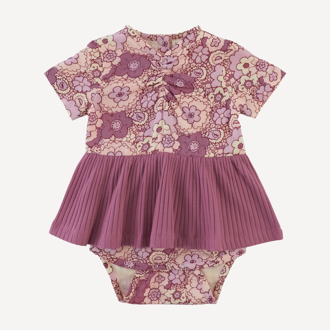 short sleeve ruched skirted bodysuit | mauve 60s floral | organic cotton gauze